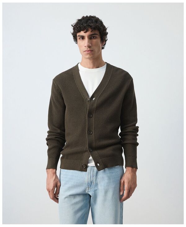 マンゴ メンズ アウター ニット・セーター カーディガン MANGO Men Medium Knit Microstructure Cardigan Sweater Chocolate チョコレート