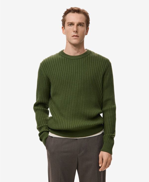 マンゴ メンズ アウター 編み物・プルオーバー 肋筋 毛糸 MANGO Men\u0027s Ribbed Wool-Blend Sweater Green 緑であること