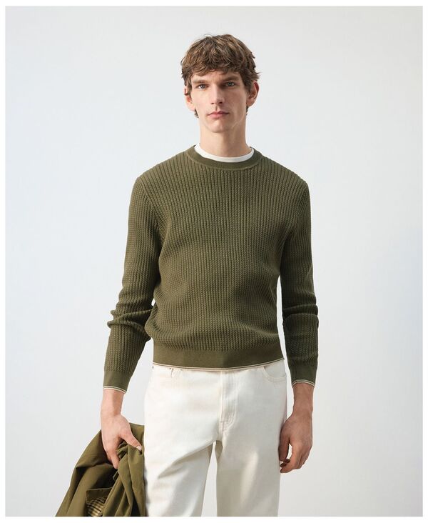 マンゴ メンズ アウター 編み物・スウェーター MANGO Men\u0027s Fine Knit Microstructure Sweater Olive Green 緑であること