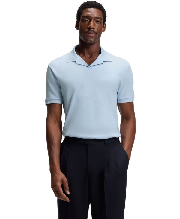 ヒューゴボス メンズ トップス ポロシャツ コットン リネン Hugo Boss Men's Cotton-Linen Johnny Collar Polo Shirt Open Blue ブルー