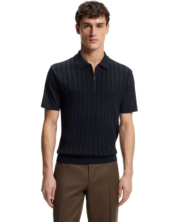 ヒューゴボス メンズ トップス ポロシャツ シルク コットン Hugo Boss Men's Cotton-Silk Zip-Neck Polo Shirt Dark Blue ブルー