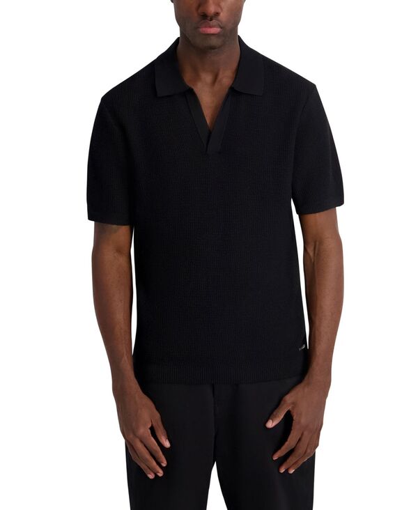 カール ラガーフェルド メンズ トップス ポロシャツ KARLAGERFELD PARIS Men's Open Weave Johnny Collar Polo Shirt Black ブラック|ReVida 店