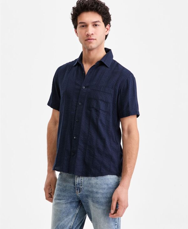 サンストーン メンズ トップス シャツ 半袖 Sun + Stone Men's Textured-Stripe Short-Sleeve Shirt Macy's Exclusive Basic Navy ネイビー