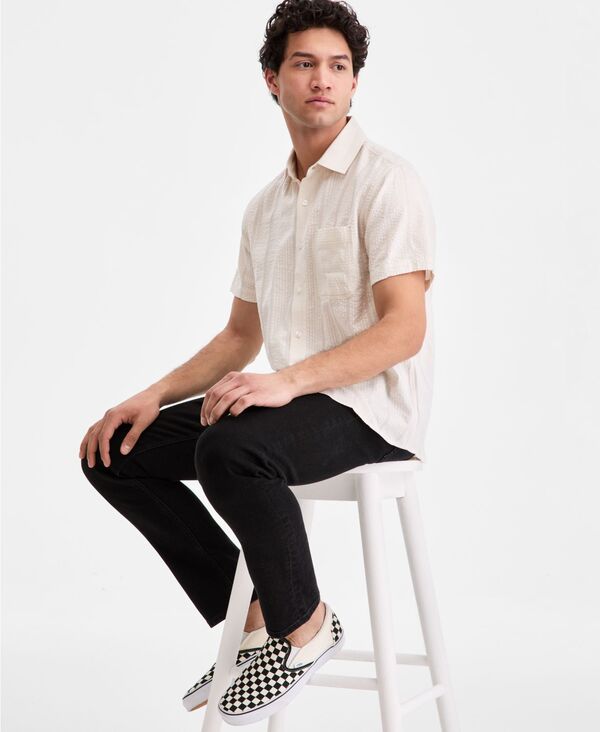 サンストーン メンズ トップス シャツ 半袖 Sun + Stone Men's Textured-Stripe Short-Sleeve Shirt Macy's Exclusive Vintage White ホワイト