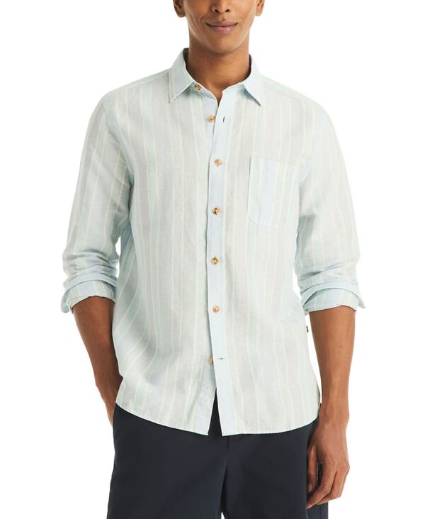 ナウティカ メンズ トップス シャツ リネン 長袖 Nautica Men'striped Linen Long-Sleeve Shirt Crystal Bay Blue ブルー