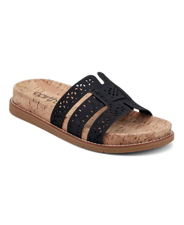 地べた レディース シューズ スリッポン・ローファー サンダル Earth Women\u0027s Fairren Flat Slip-On Footbed Sandals Black 黒いこと