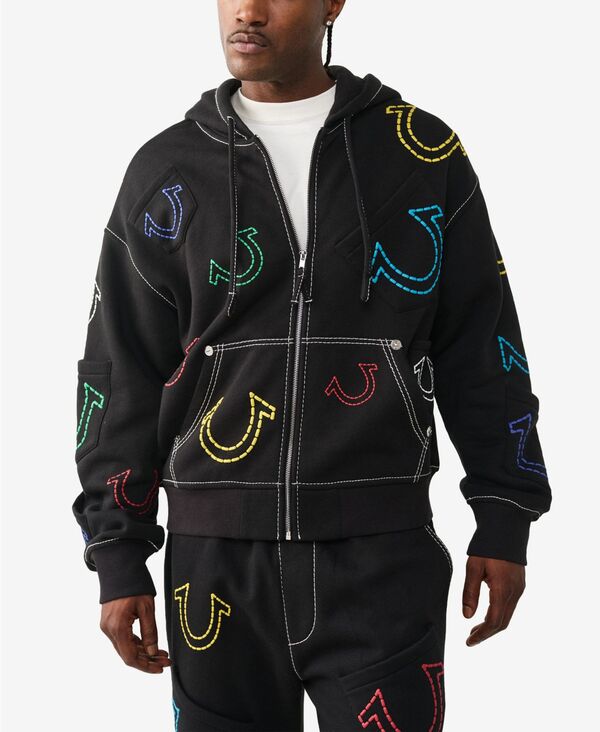 トゥルーレリジョン メンズ アウター パーカー・スウェット 長袖 True Religion Men's Long-Sleeve Zipper Hoodie Jet Black ブラック|ReVida 店