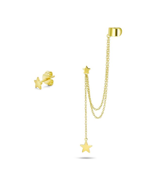 ブリング レディース アクセサリー ピアス・イヤリング Bling Jewelry USA Patriotic Star Double Chain Ear Lobe Cartilage Clip On Ear Cuff Wrap Stud Earring Set Plated Sterlingold ゴールド