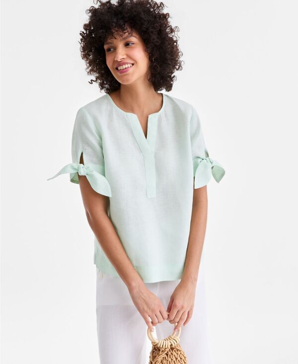 チャータークラブ レディース トップス シャツ リネン Charter Club Women's 100% Linen Split-Neck Tie-Cuff Top Created for Macy's Buttetmint 16,265円