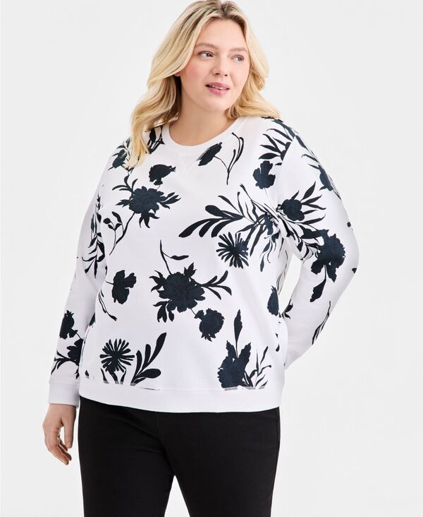 スタイルアンドコー レディース アウター パーカー・スウェット クルーネック プリント シャツ フリース Style & Co Women's Printed Fleece Crewneck Sweatshirt Macy's Exclusive White Black Floral ホワイト