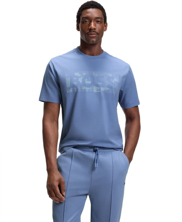 ヒューゴボス メンズ トップス Tシャツ コットン ロゴ Hugo Boss Men'stretch-Cotton Logo Artwork T-Shirt Open Blue ブルー