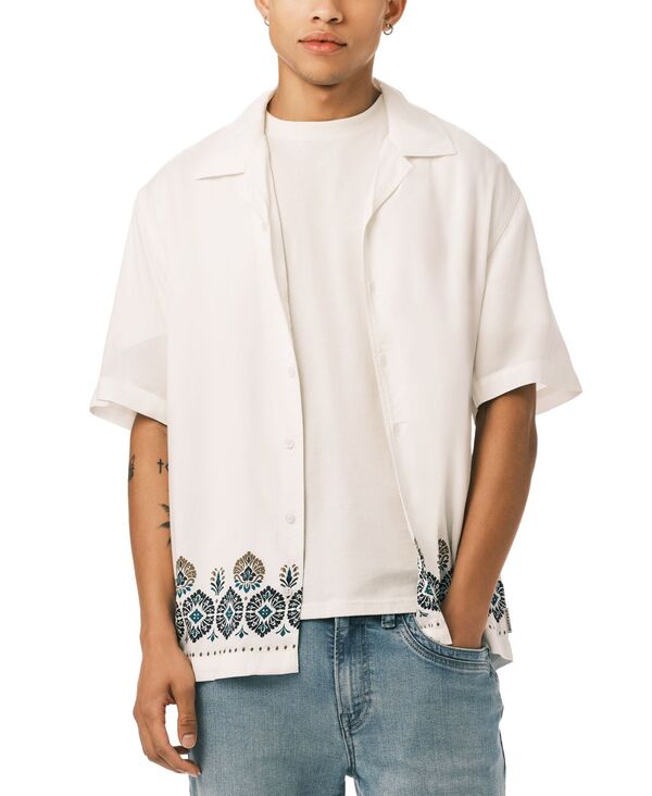 バッファロー・デイビッド・ビトン メンズ トップス プルオーバー 刷り上げる 刺しゅう Buffalo David Bitton Men\u0027s Embroidered Border Print Camp Shirt White 白いこと