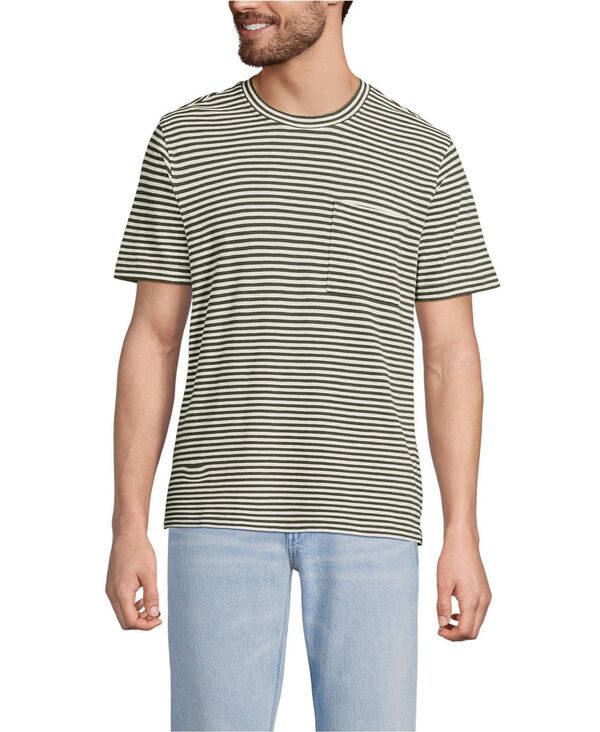 ランズエンド メンズ トップス Tシャツ コットン リネン Lands' End Men'short Sleeve Cotton Linen Tee River stone green stripe グリーン|ReVida 店