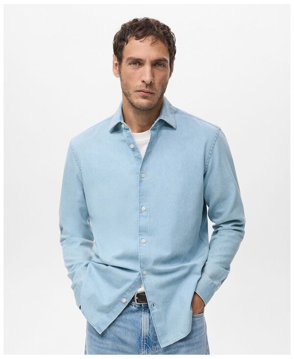 マンゴ メンズ トップス シャツ コットン デニム MANGO Men's Cotton Denim Shirt Light Blue ブルー