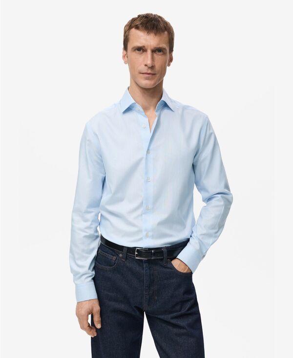 マンゴ メンズ トップス シャツ コットン MANGO Men's Cotton Slim-Fit Striped Shirt Blue ブルー