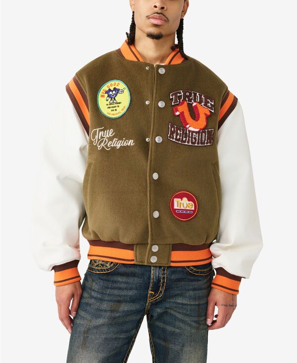 トゥルーレリジョン メンズ アウター ジャケット・ブルゾン ロゴ True Religion Men's Garden Logo Retro Varsity Jacket Capers Green / Winter White ホワイト|ReVida 店