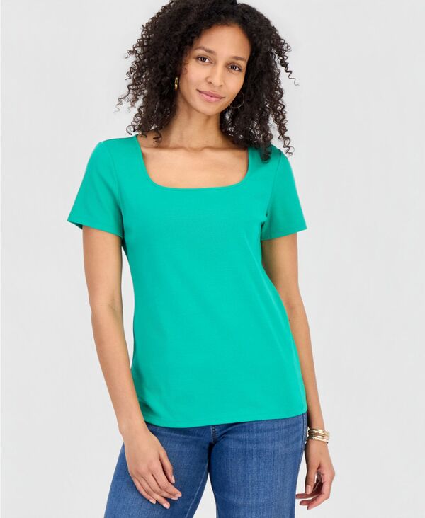 スタイルアンドコー レディース トップス シャツ 半袖 コットン Style & Co Women's Cotton Square-Neck Short-Sleeve T-Shirt Exclusively at Macy's Emerald Lake エメラルド