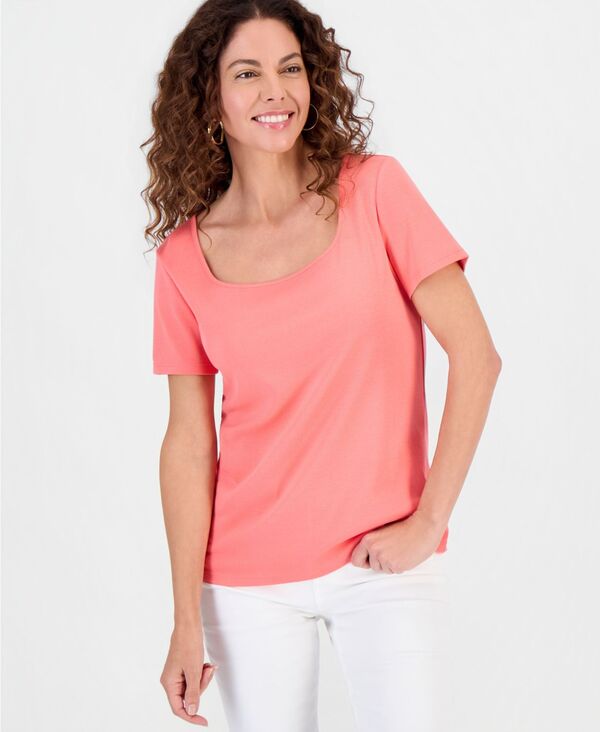 スタイルアンドコー レディース トップス シャツ 半袖 コットン Style & Co Women's Cotton Square-Neck Short-Sleeve T-Shirt Exclusively at Macy's Tuscon Coral コーラル