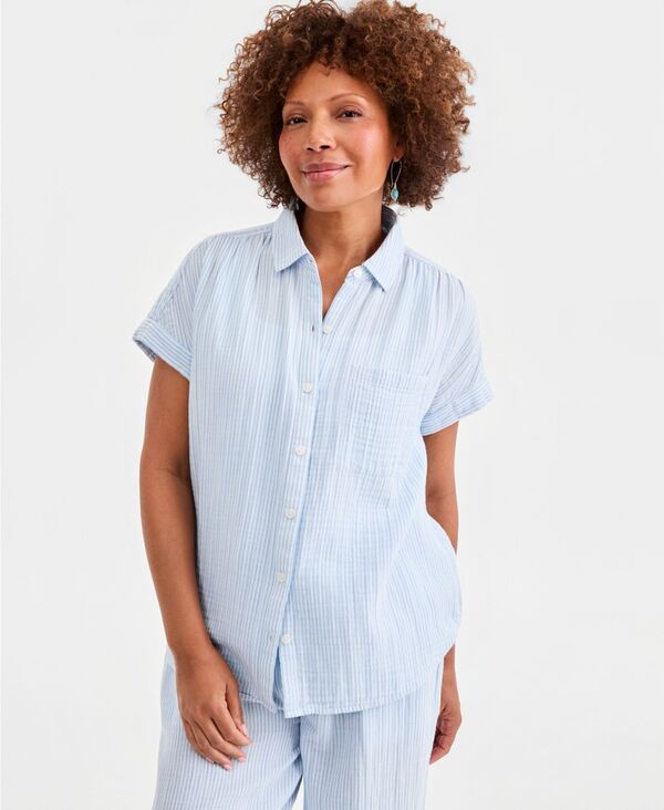 スタイルアンドコー レディース トップス シャツ プチ コットン Style \u0026 Co Petite Cotton Striped Camp Shirt Macy Exclusive Blue Stripe ブルー