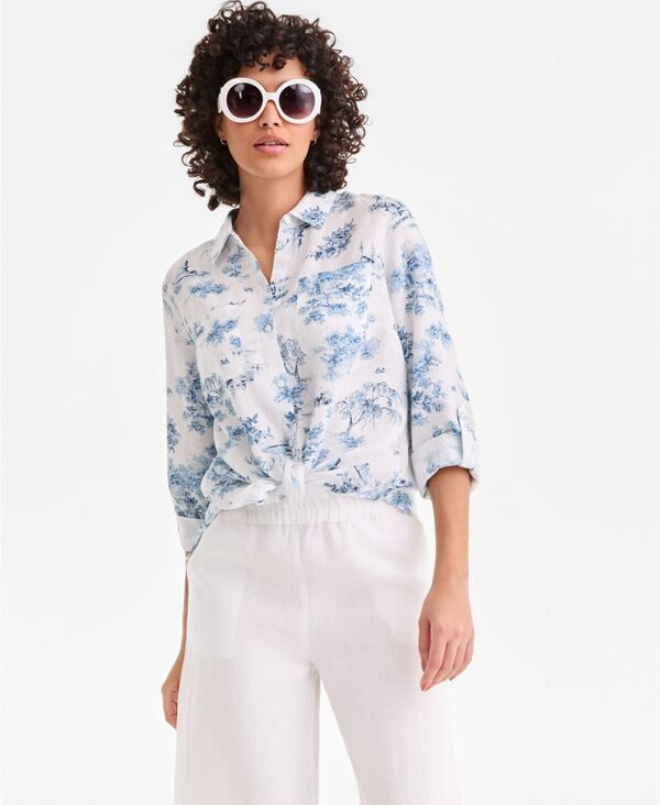 チャータークラブ レディース トップス シャツ リネン Charter Club Women's 100% Linen Shirt Created for Macy's Blue Toile ブルー