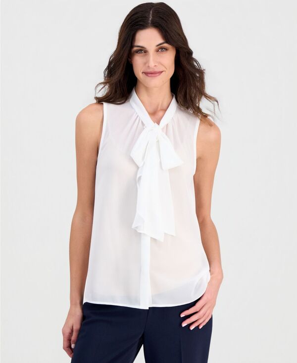 タハリエーエスエル レディース トップス シャツ プチ フリル ノースリーブラウス Tahari ASL Petite Sleeveless Ruffle Bow Tie Blouse Ivory アイボリー