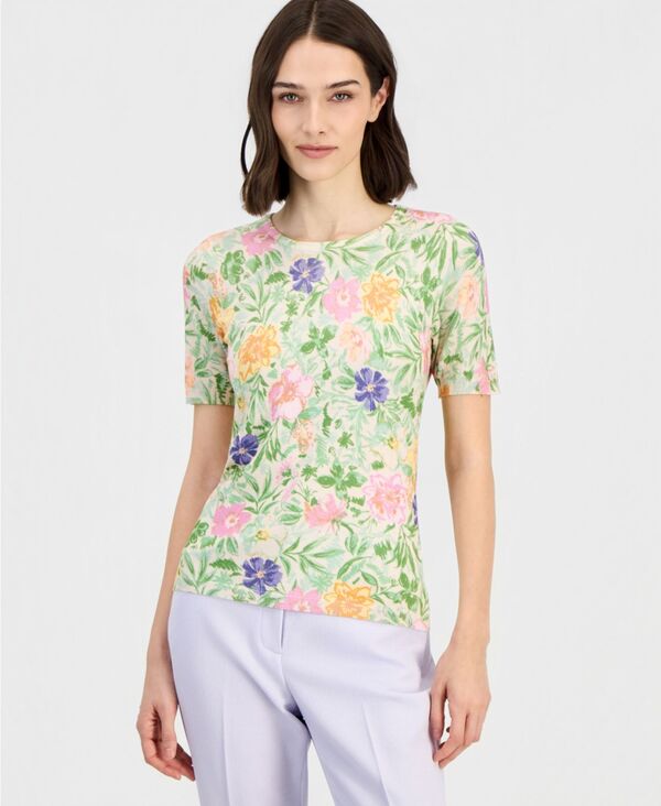 タハリエーエスエル レディース アウター ニット・セーター クルーネック プチ プリント 半袖 Tahari ASL Petite Printed Short-Sleeve Crewneck Sweater Nude/Moss