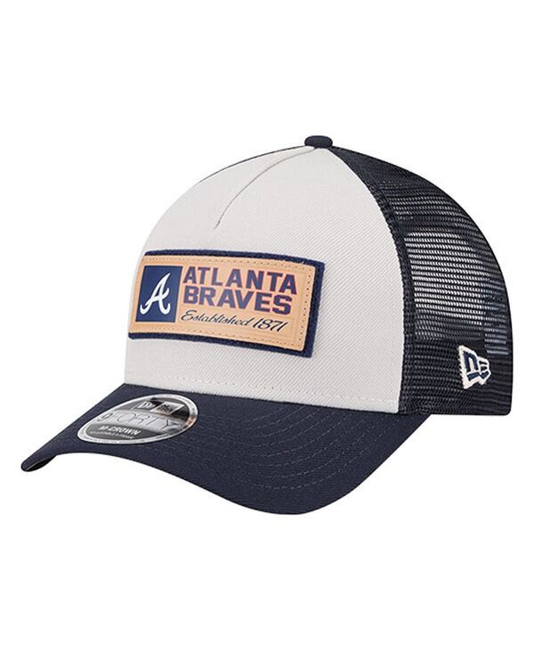 ニューエラ メンズ アクセサリー 帽子 New Era Men'stone/Navy Atlanta Braves Text A-Frame Trucker 9FORTY Hat Stone Navy ネイビー
