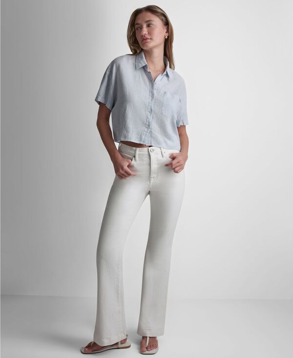 ダナキャランニューヨーク レディース トップス シャツ クロップド リネン DKNY Jeans Women's Oversized Linen-Blend Cropped Short Sleeve Shirt Lex Chambray