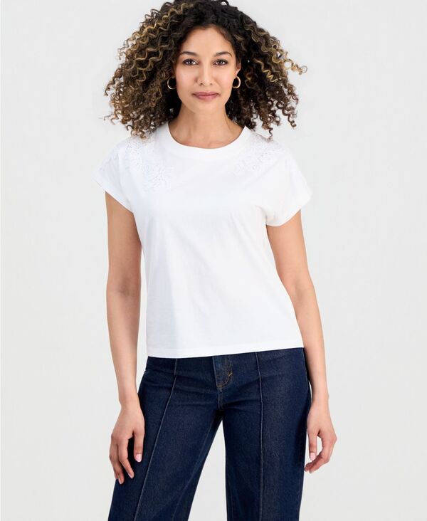 アイ.エヌ.シー インターナショナル コンセプト レディース トップス Tシャツ コットン レース I.N.C. International Concepts Women's Lace-Trim Cotton T-Shirt Macy's Exclusive Bright White ホワイト|ReVida 店