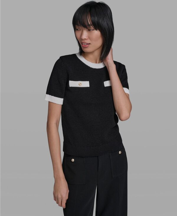 カール ラガーフェルド レディース アウター ニット・セーター クルーネック 半袖 KARLAGERFELD PARIS Women's Crew Neck Short-Sleeve Sweater Black/Soft White ホワイト｜ReVida 店
