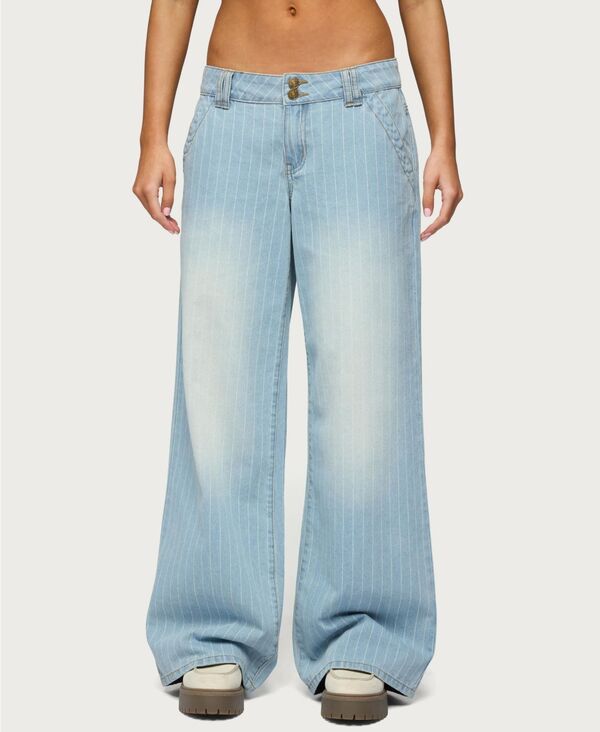 アディクテッド レディース ボトムス デニムパンツ ローライズ ジーンズ Edikted Women's Cory Striped Low Rise Baggy Jeans Light-blue ブルー