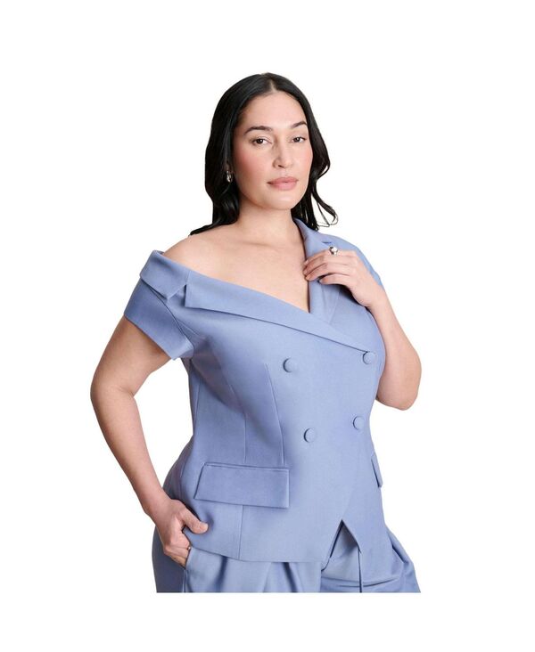 エロクイ レディース アウター ジャケット・ブルゾン ブレザー ELOQUII Women's Asym Neckline Short Sleeve Blazer Dusty blue ブルー