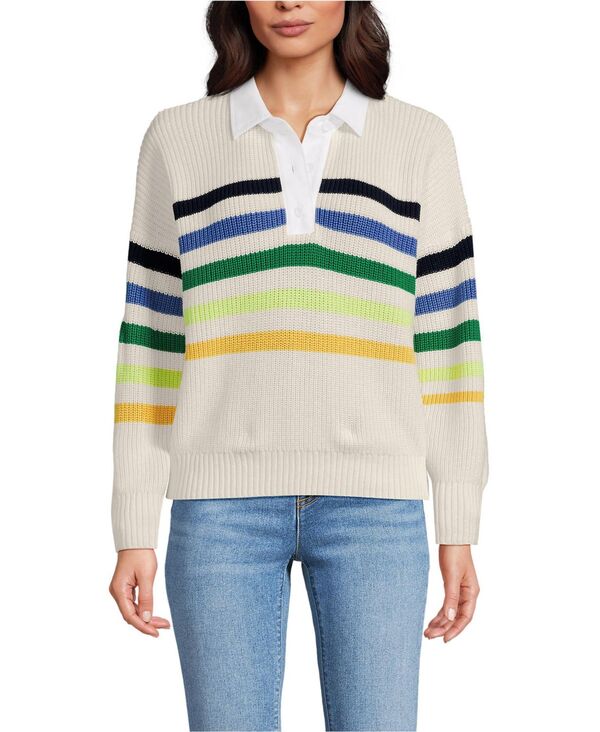ランズエンド レディース アウター ニット・セーター Lands' End Women's Drifterugby with Woven Collar Sweater Ivory/multi gem placed stripe アイボリー｜ReVida 店