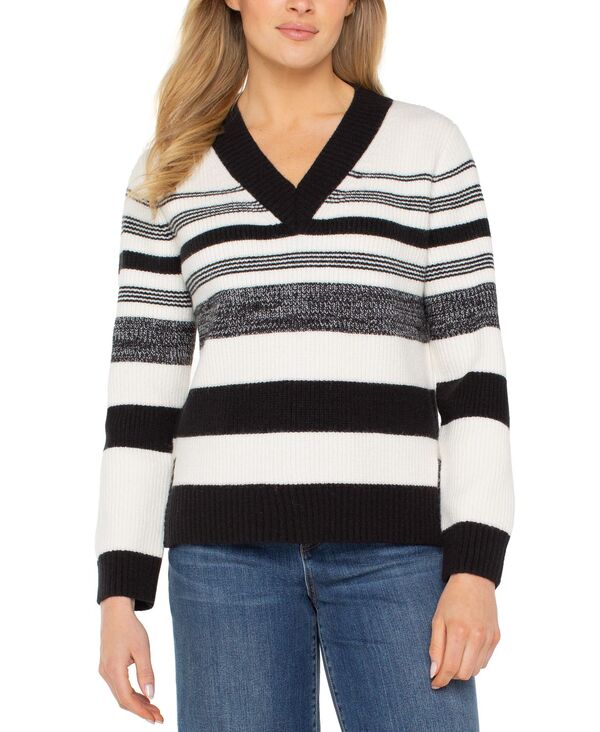リヴァプール ロサンゼルス レディース アウター ニット・セーター Vネック 長袖 Liverpoolos Angeles Women's Long-Sleeve V-Neck Sweater Cream/black Melange Stripe クリーム