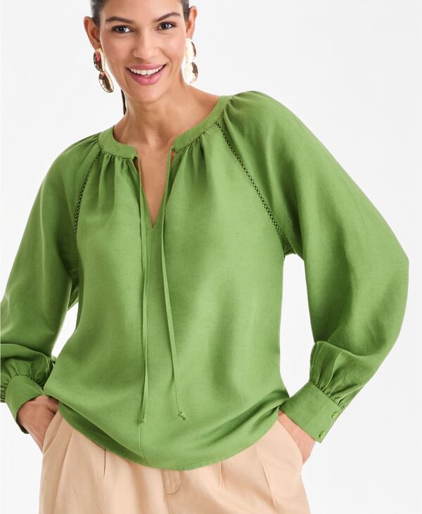 アイ.エヌ.シー インターナショナル コンセプト レディース トップス シャツ ブラウス リネン I.N.C. International Concepts Women's Long Sleeve Linen-Blend Blouse Macy's Exclusive Fresh Basil