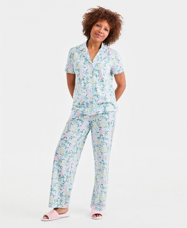 チャータークラブ レディース アンダーウェア ナイトウェア プリント 半袖 Charter Club Women's Printed Short-Sleeve Pajama Set Macy's Exclusive Blue Springtime Rosa ブルー