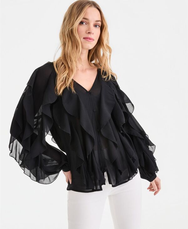 アイ.エヌ.シー インターナショナル コンセプト レディース トップス シャツ フリル ブラウス 長袖 I.N.C. International Concepts Women's Long-Sleeve Ruffled Blouse Macy's Exclusive Deep Black ブラック