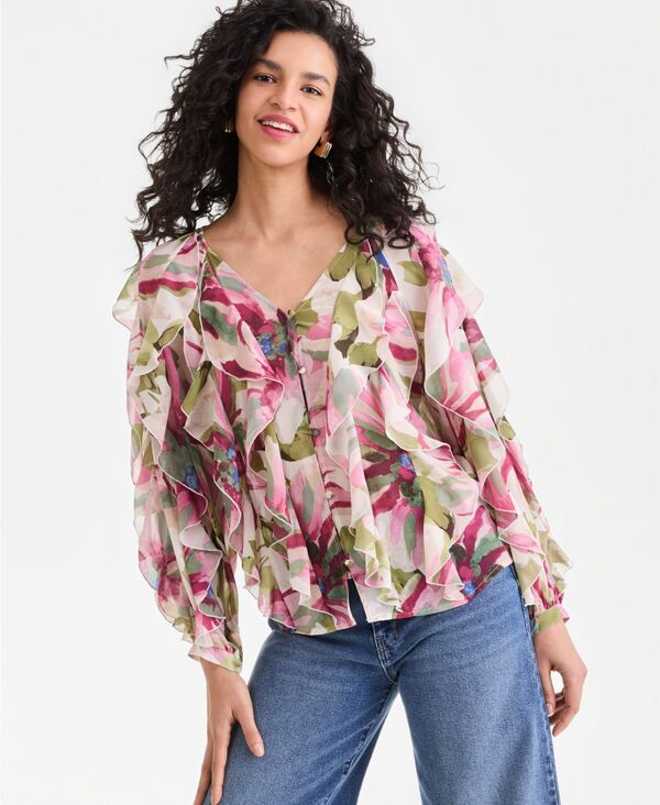 アイ.エヌ.シー インターナショナル コンセプト レディース トップス シャツ フリル ブラウス 長袖 I.N.C. International Concepts Women's Long-Sleeve Ruffled Blouse Macy's Exclusive Farrah Bouq｜ReVida 店