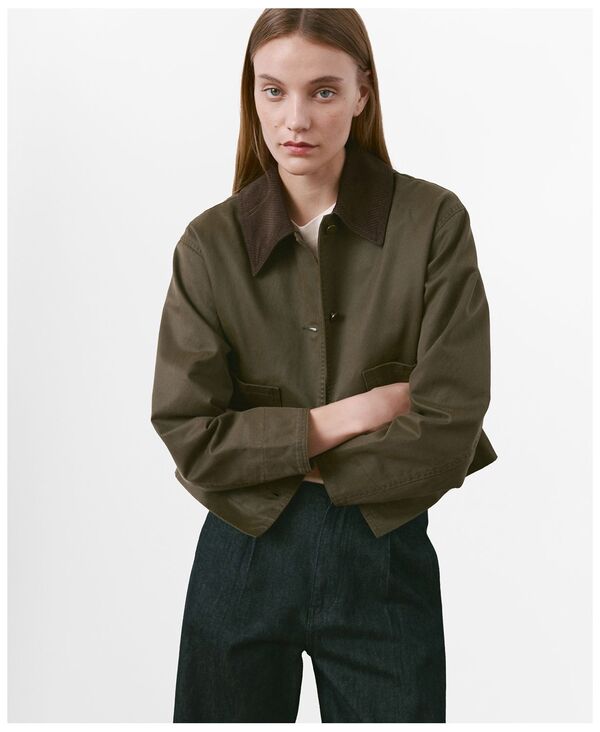マンゴ レディース アウター ジャケット・ブルゾン コントラスト デニム MANGO Women's Contrasting Collar Denim Barn Jacket Khaki カーキ｜ReVida 店