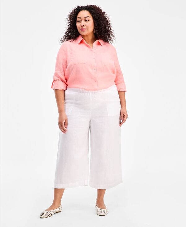 チャータークラブ レディース ボトムス カジュアルパンツ プラスサイズ クロップド リネン Charter Club Plusize Woven Linen Cropped Wide-Leg Pants Macy's Exclusive Bright White ホワイト