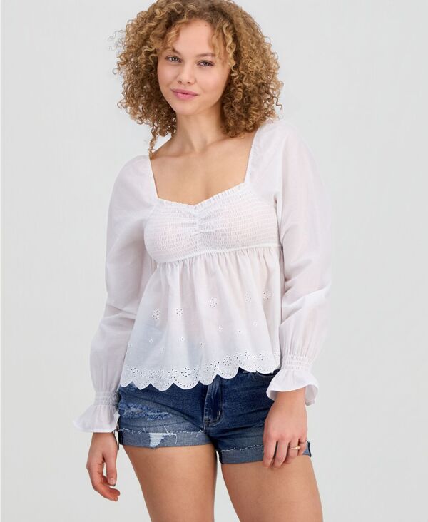マッデンガール レディース トップス シャツ 長袖 Madden Girl Juniors' Long-Sleeve Babydoll Top Solid White ホワイト