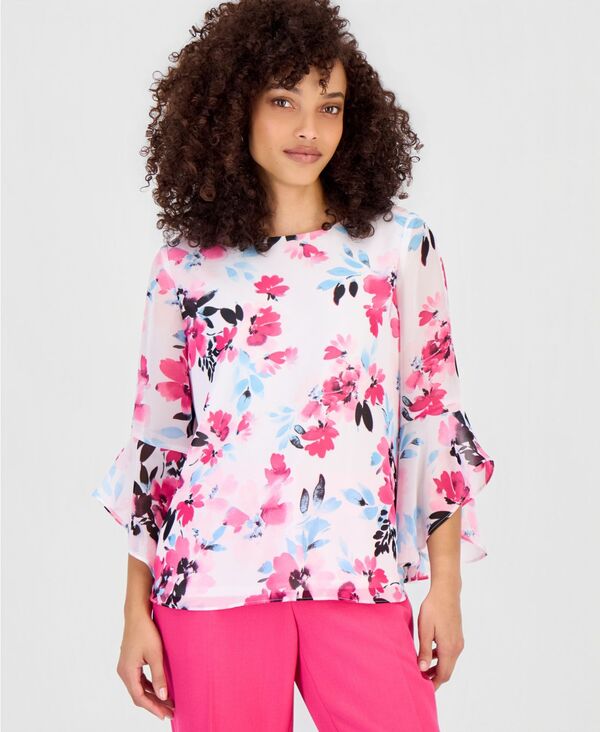 カスパール レディース トップス シャツ フラワー柄 プチ フリル ブラウス フラワー Kasper Petite Floral 3/4-Sleeve Ruffled-Cuff Blouse Lily White Multi ホワイト