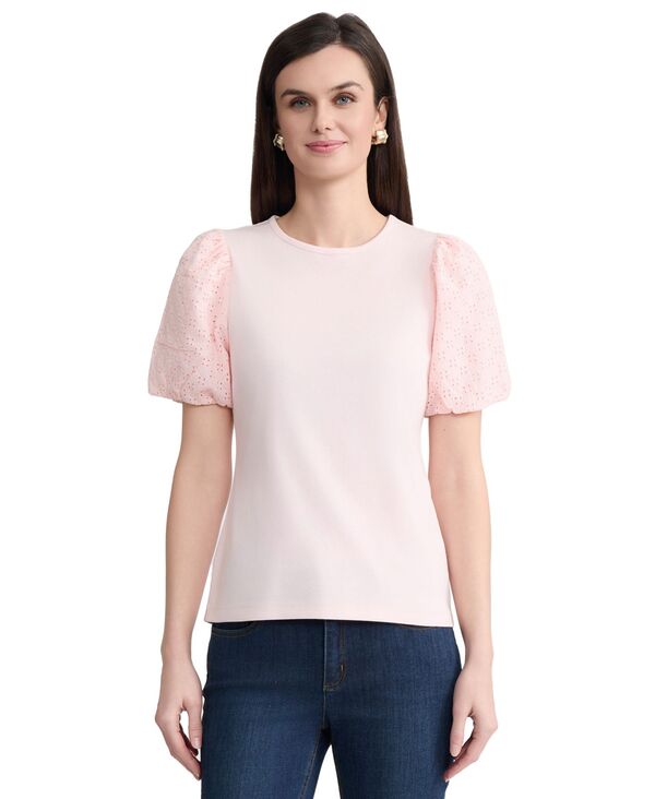 ジョーンズニューヨーク レディース トップス Tシャツ クルーネック プチ Jones New York Petiteyelet Sleeve Crewneck T-Shirt Petal Pink ピンク