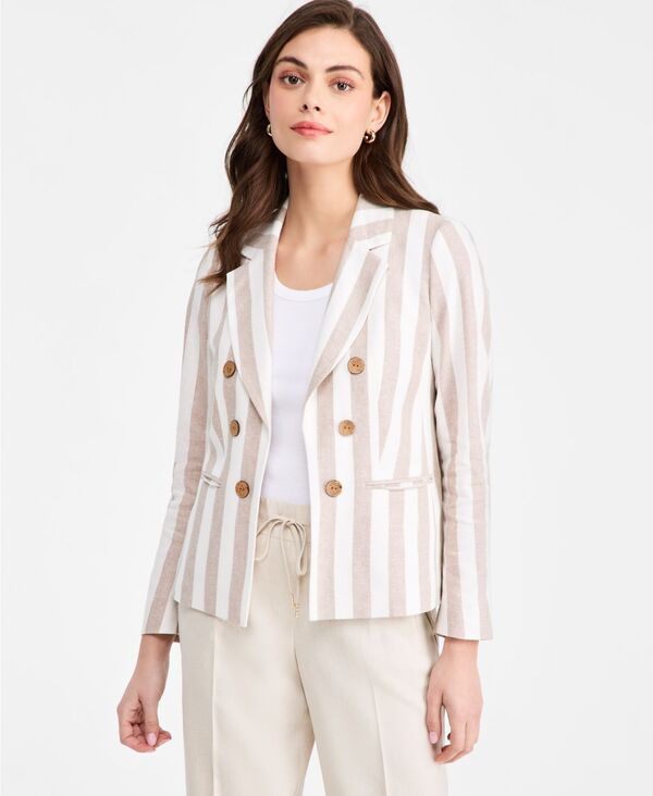 ジョーンズニューヨーク レディース アウター ジャケット・ブルゾン リネン Jones New York Women's Faux Double Breasted Stripe Linen-Blend Jacket Natural Stone/jones White ホワイト｜ReVida 店