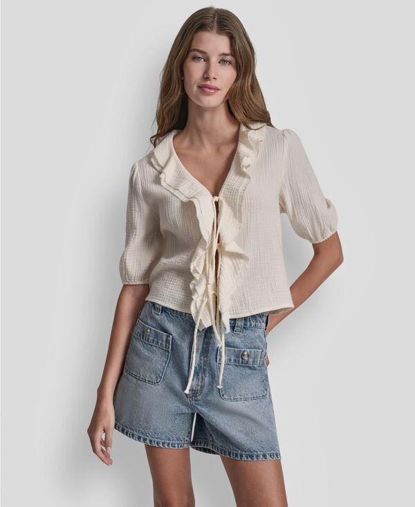 ダナキャランニューヨーク レディース トップス シャツ Vネック プチ 半袖 DKNY Jeans Petite Puff Short-Sleeve Tie-Front V-Neck Shirt Eggnog