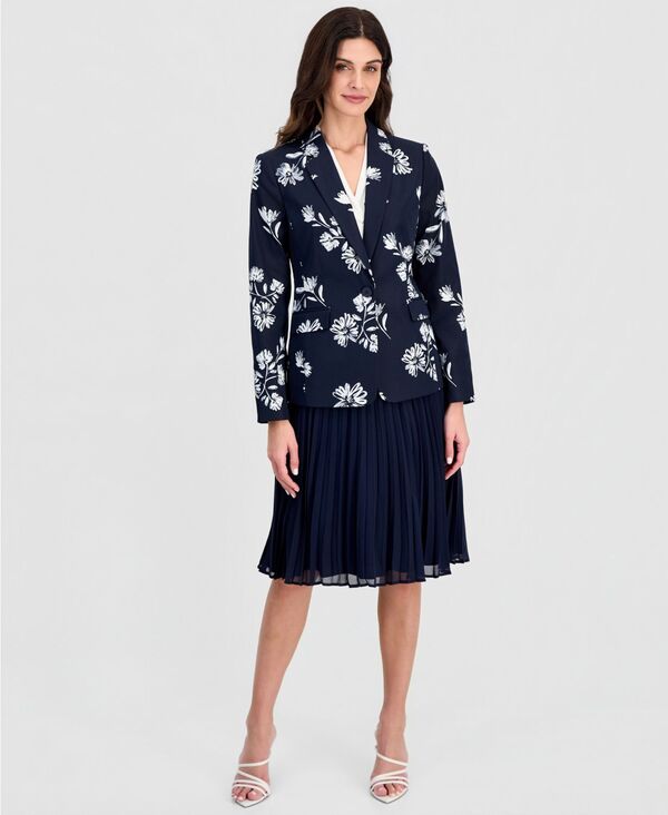 タハリエーエスエル レディース アウター ジャケット・ブルゾン プチ プリント Tahari ASL Petite Printed One-Button Jacket Navy Ivory アイボリー