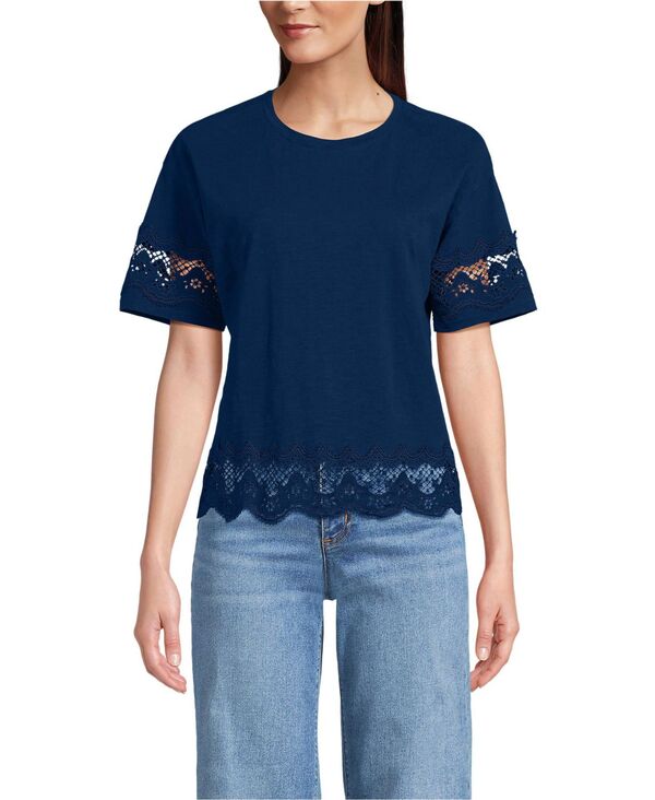 ランズエンド レディース トップス シャツ ジャージー Lands End Womenhort Sleeve Slub Jersey Cutwork T-Shirt Deep sea navy ネイビー