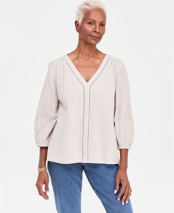 スタイルアンドコー レディース トップス シャツ Vネック コットン ブラウス Style & Co Women's Cotton Gauze V-Neck Blouse Macy's Exclusive Stone Wall ストーン｜ReVida 店