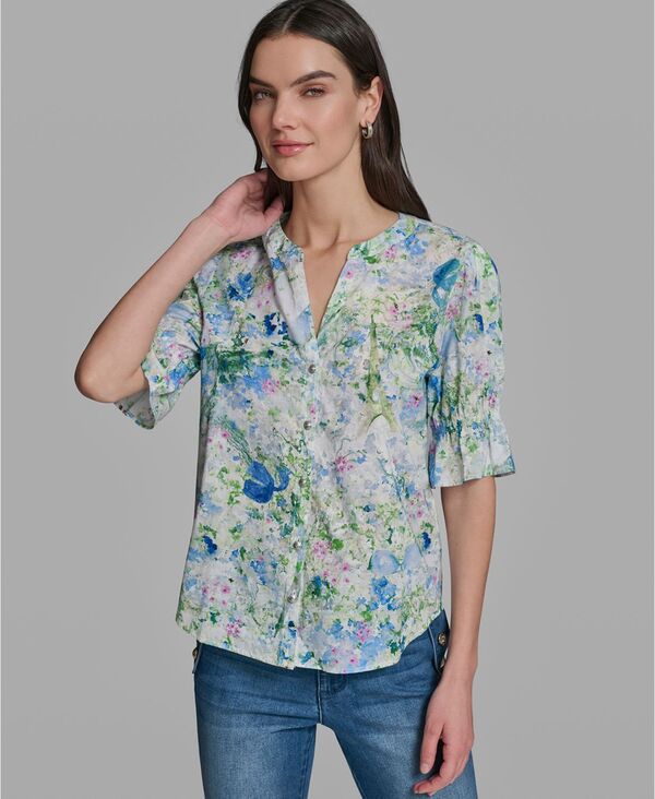 カール ラガーフェルド レディース トップス シャツ Vネック プリント 半袖 KARLAGERFELD PARIS Women'short-Sleeve V-Neck Printed Shirt Sky Blue Multi ブルー