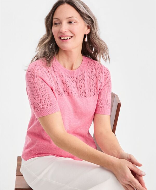 スタイルアンドコー レディース アウター ニット・セーター 半袖 Style & Co Women'short-Sleeve Pointelle Lurex Sweater Macy's Exclusive Floweringinger